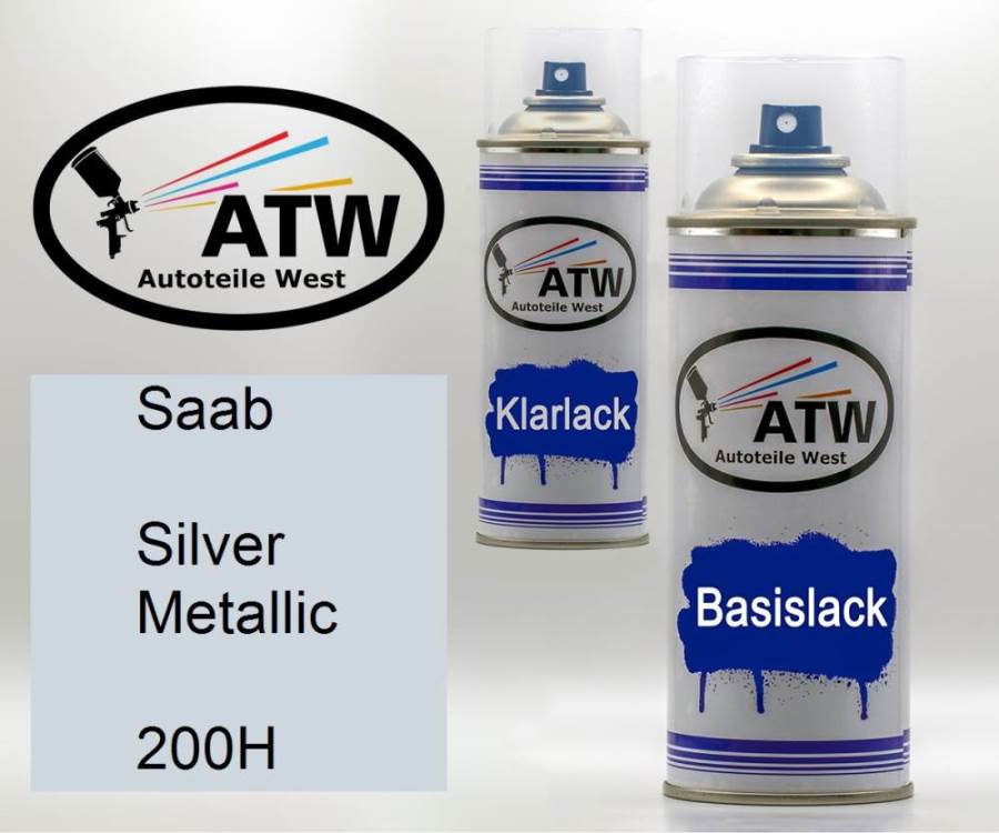 Saab, Silver Metallic, 200H: 400ml Sprühdose + 400ml Klarlack - Set, von ATW Autoteile West.